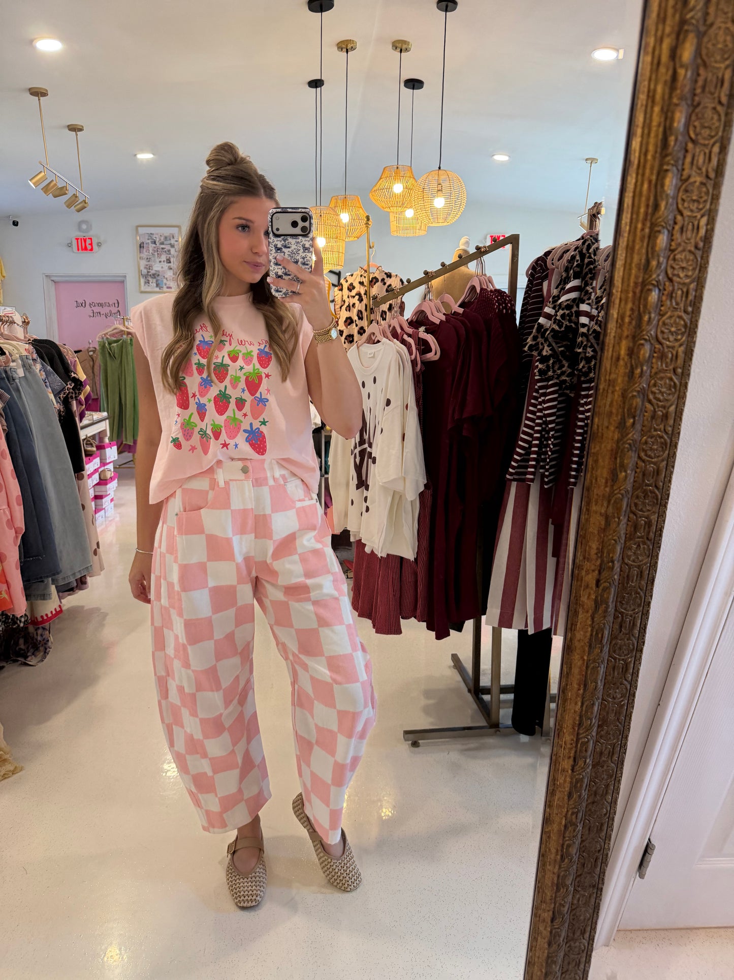 Checkered Printed Barrel Denim Pants