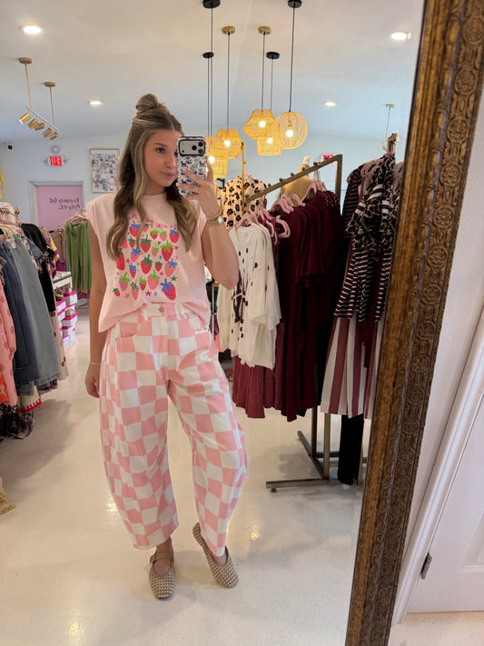 Checkered Printed Barrel Denim Pants