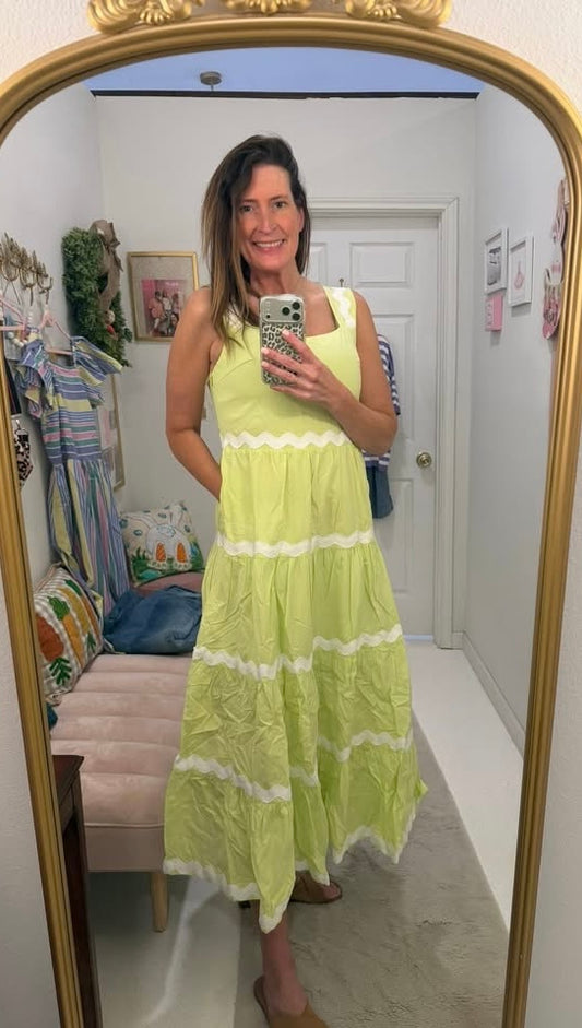 TIERED RIC RAC TRIM MIDI DRESS