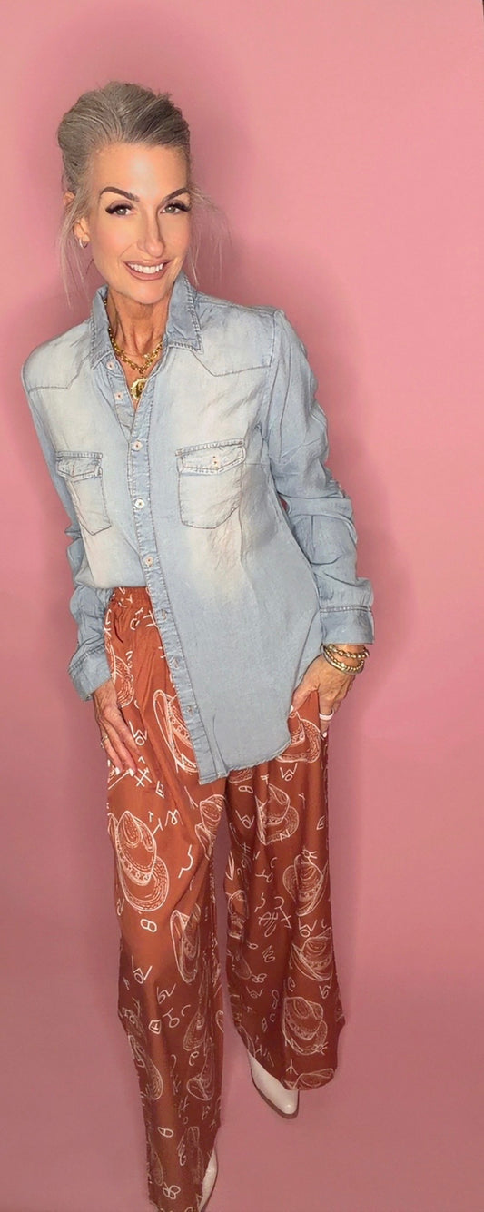 Western hat & patterns printed wide leg women pant