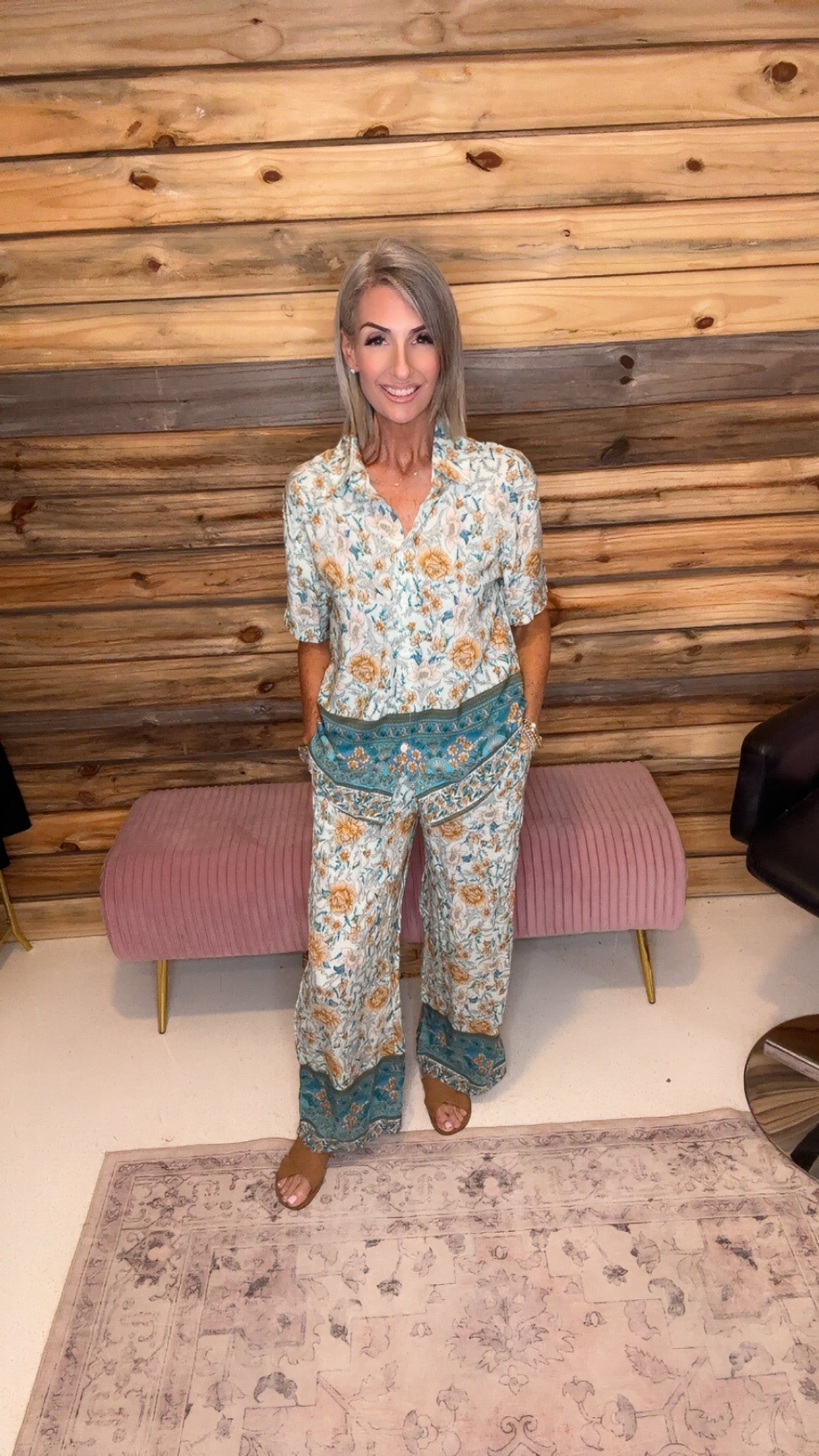 Two Pieces Button Down Boho Blouse Pant Sets