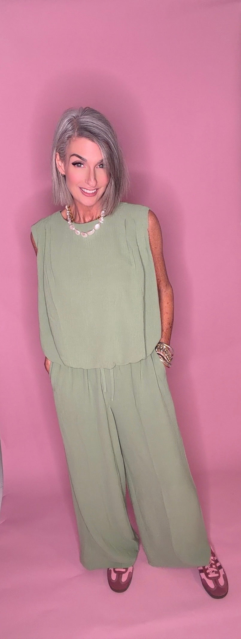 Sleeveless Blouson Top And Wide-leg Pant Set