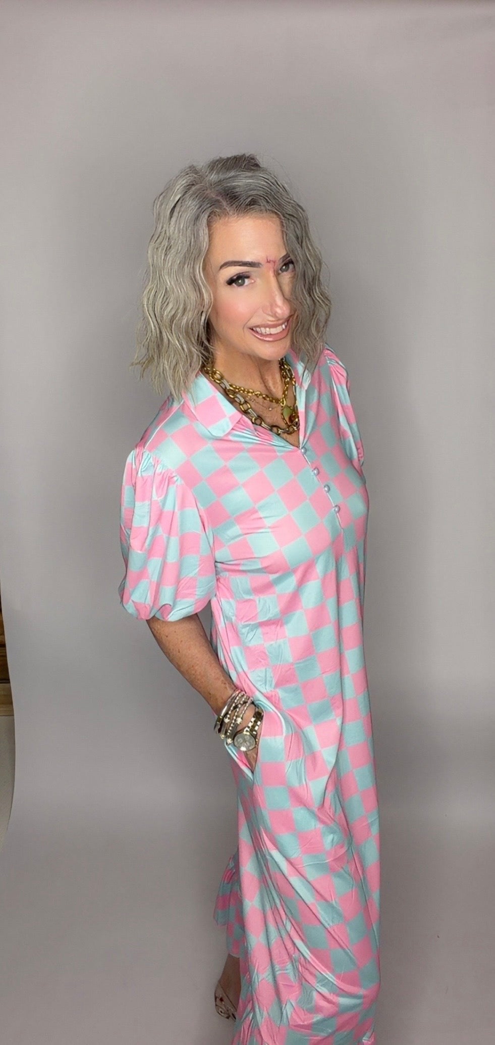 Pink & Light Blue Checkered Midi Dress with Pockets