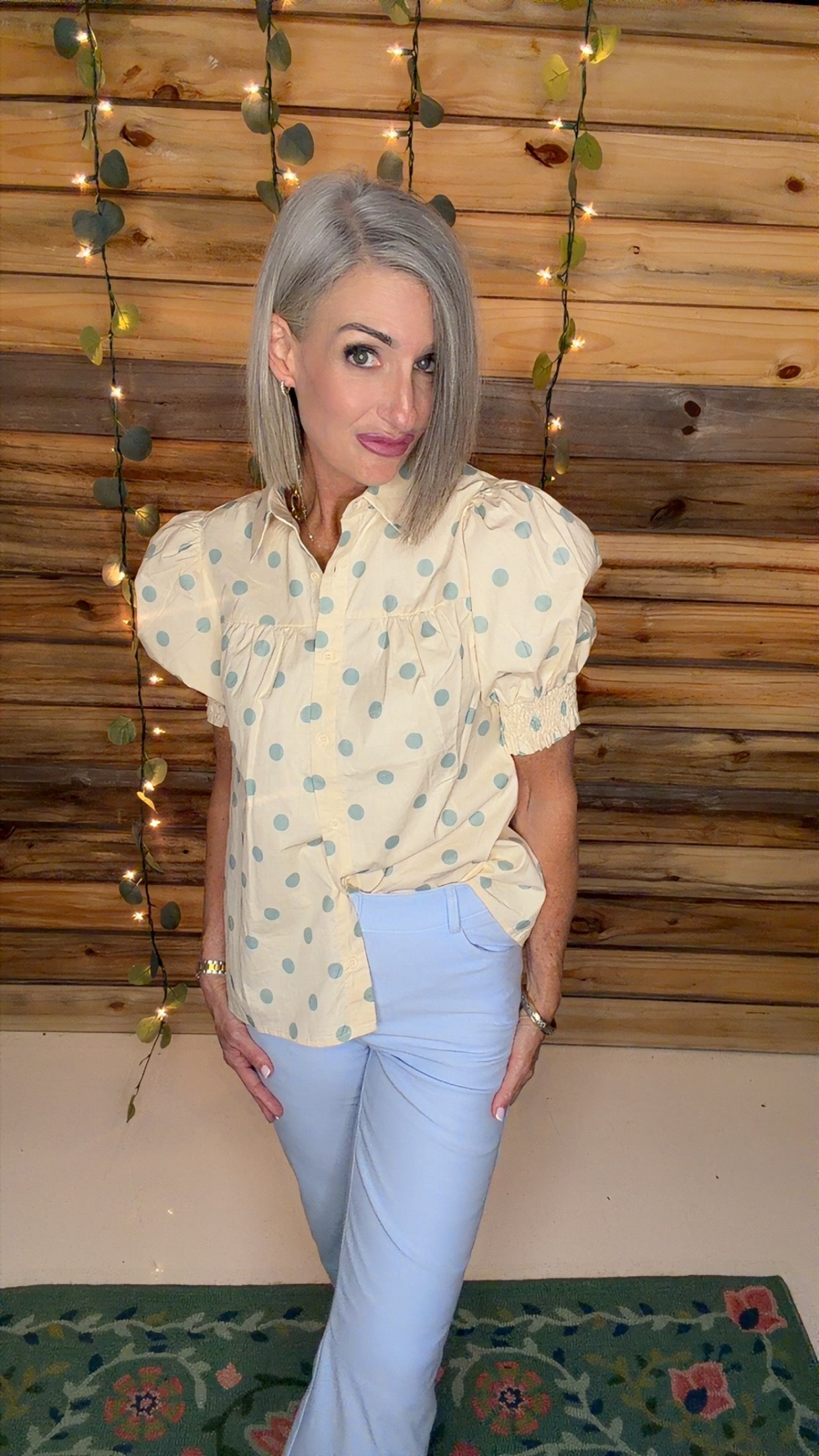 Delightful Polka Dot Collared Puff Sleeve Blouse