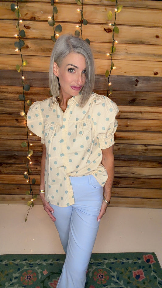 Delightful Polka Dot Collared Puff Sleeve Blouse