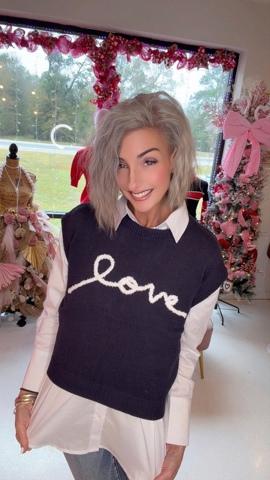 LOVE LETTERING CAP SLEEVE KNIT SWEATER VEST TOP