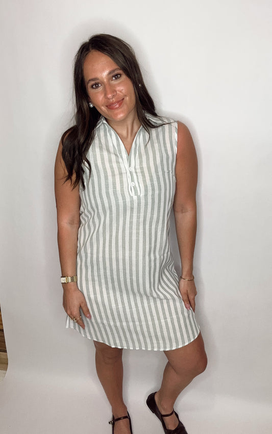 Sleeveless V Neck Button Down Striped Shirt Dress