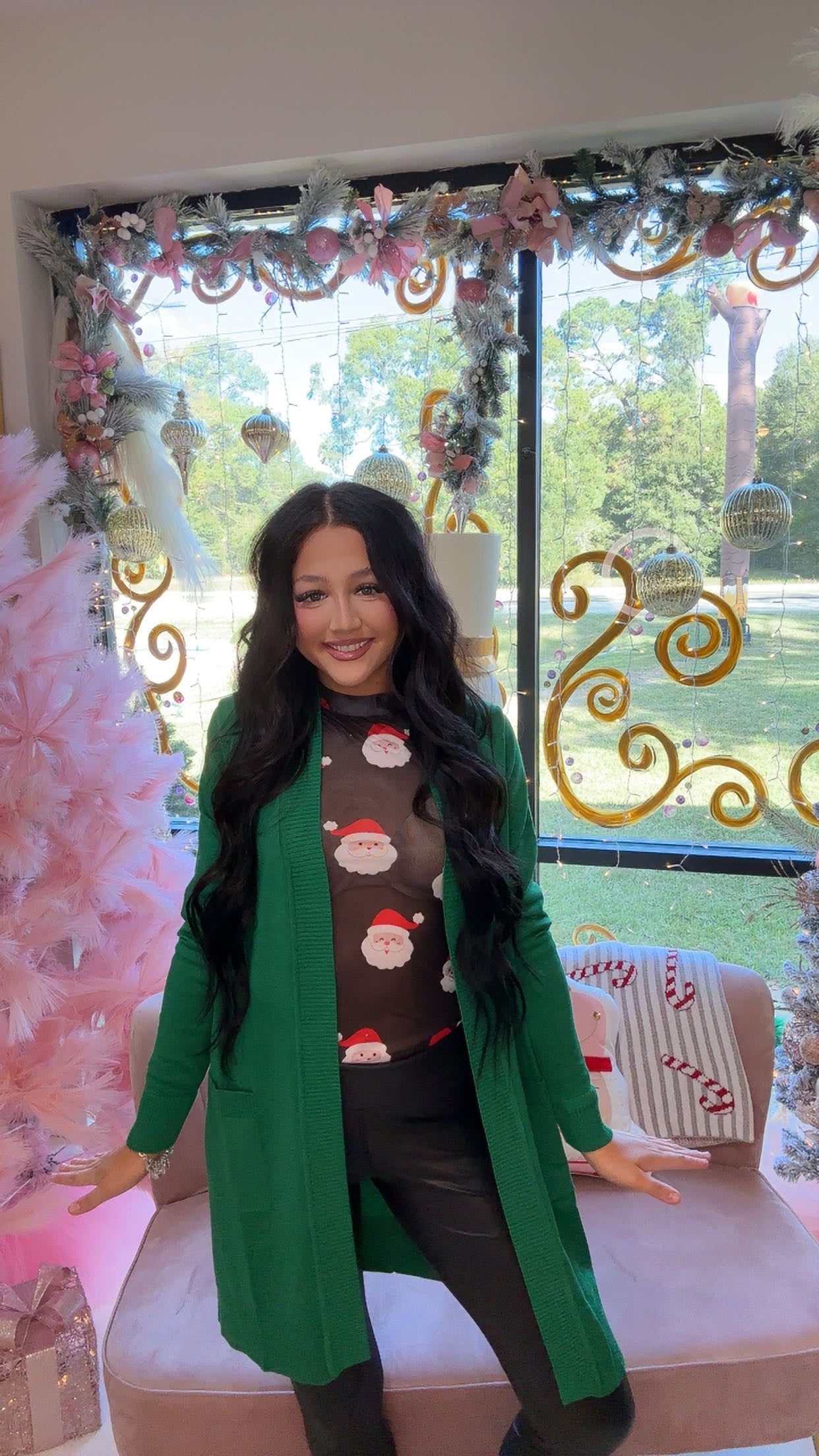 Christmas Fashion Print Mesh Long Sleeve Top