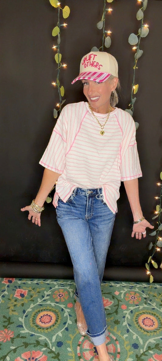 Striped Textured Knit Split Hem Half Sleeve Loose Top|