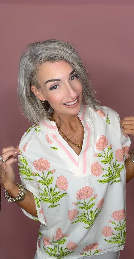 Floral V Neck 3/4 Sleeve Blouse | S-XL