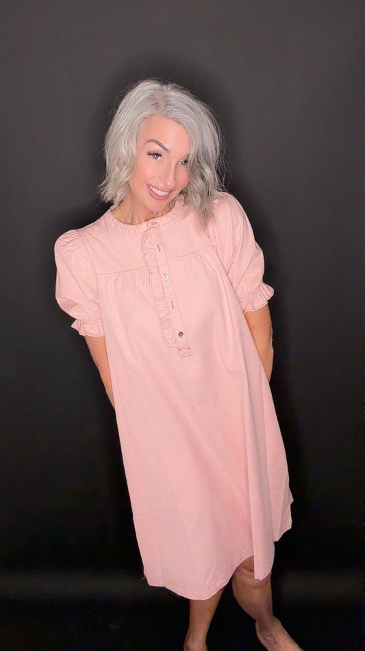 Ruffled Button Placket Accent 100%Cotton Knee Dress