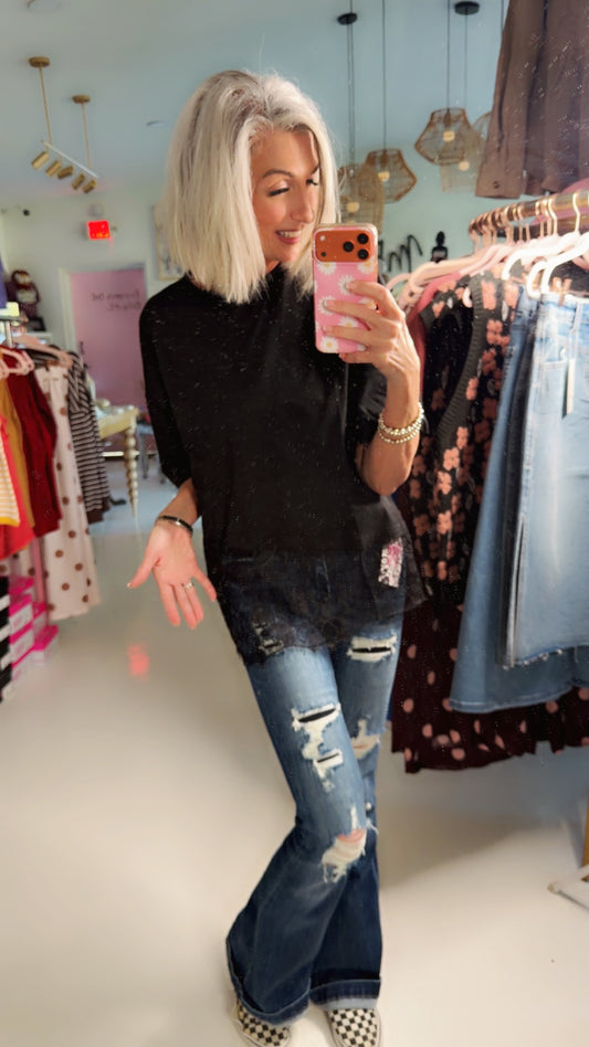 Lace Hem Layered Oversized Tee Top