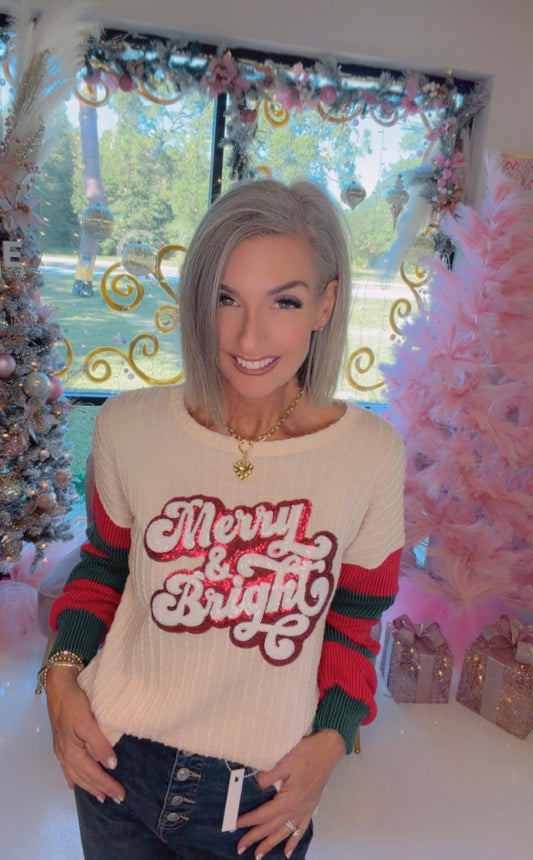 COLOR BLOCK SLEEVE SEQUINS PATCH HOLIDAY TOP