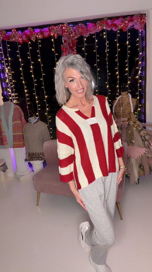 Red Stripe Colorblock V Neck Bracelet Sleeve Sweater