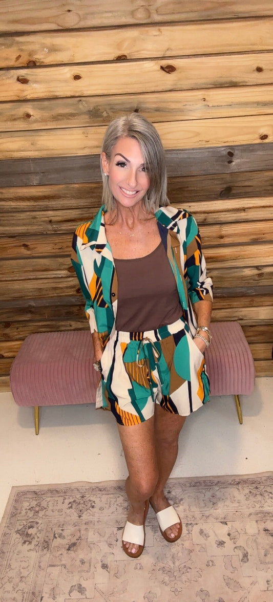 Graphic Print Open Front Pockets Blouse And Short