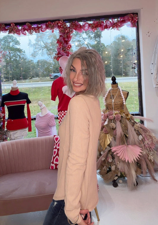 Waffle Long Sleeve Button Front Henley Thermal Top