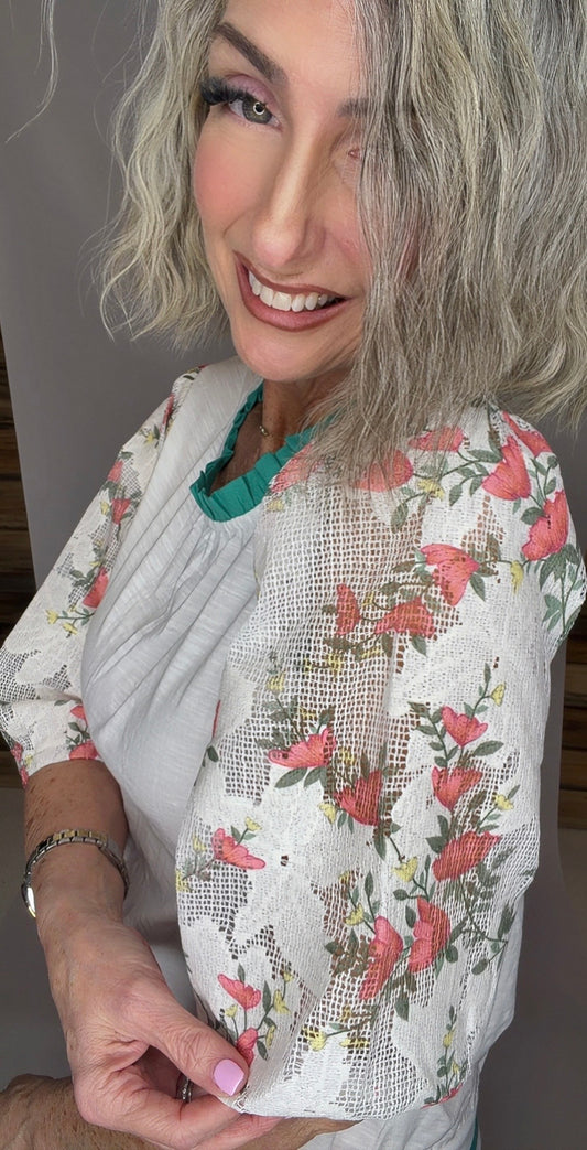 Floral Half Puff Sleeve Contrast Ruffle Slub Knit Top
