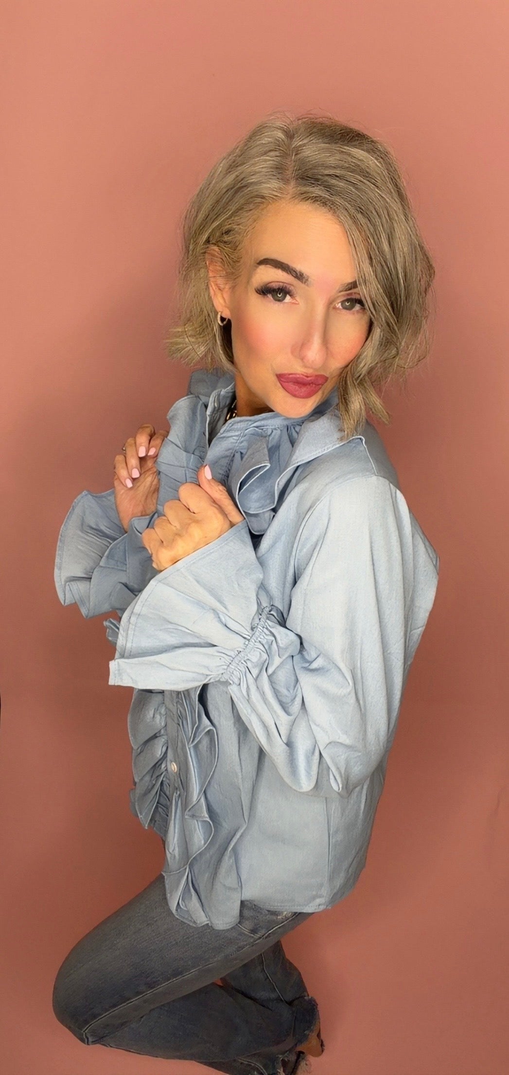 Ruffle Trim Long Sleeve Statement Blouse