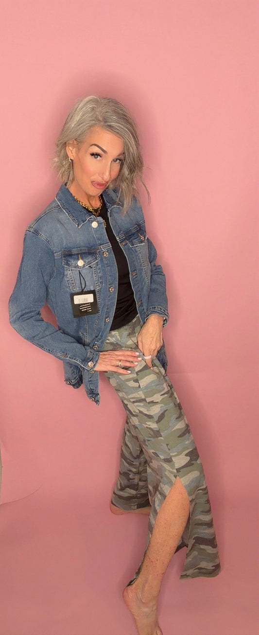 Casual western Boho Wanderer Wide Leg Slit Pants - Charcoal Camo Pant