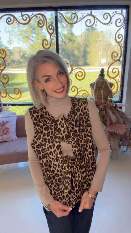 Leopard Print Front Bow Tie Closures Vest