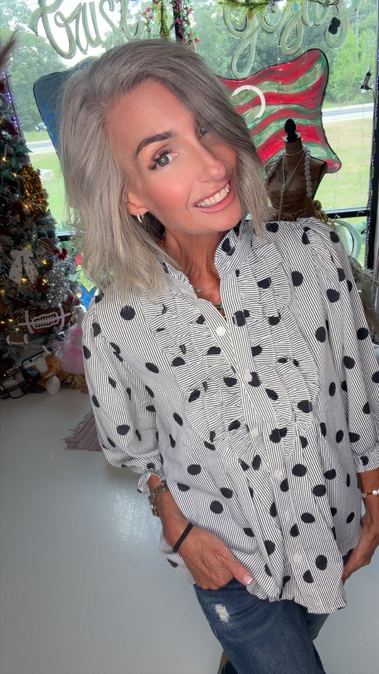 Striped Print Polka Dot Ruffle Stand Neck Shirts