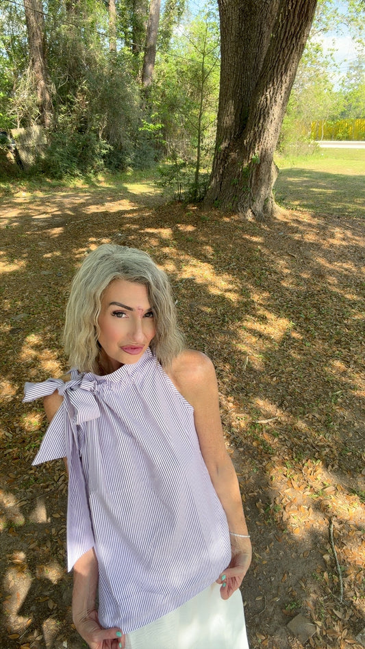 Sleeveless Striped High Neck Knot Sleeveless top