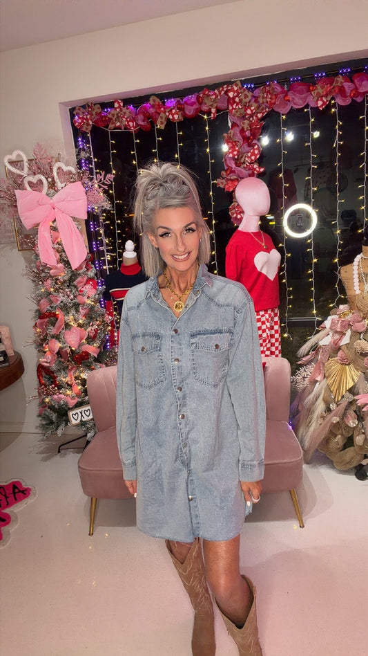 Beau Blue Chest Pocket Raw Hem Denim Loose Shirt Dress-   Light wash and dark wash (both pictured)