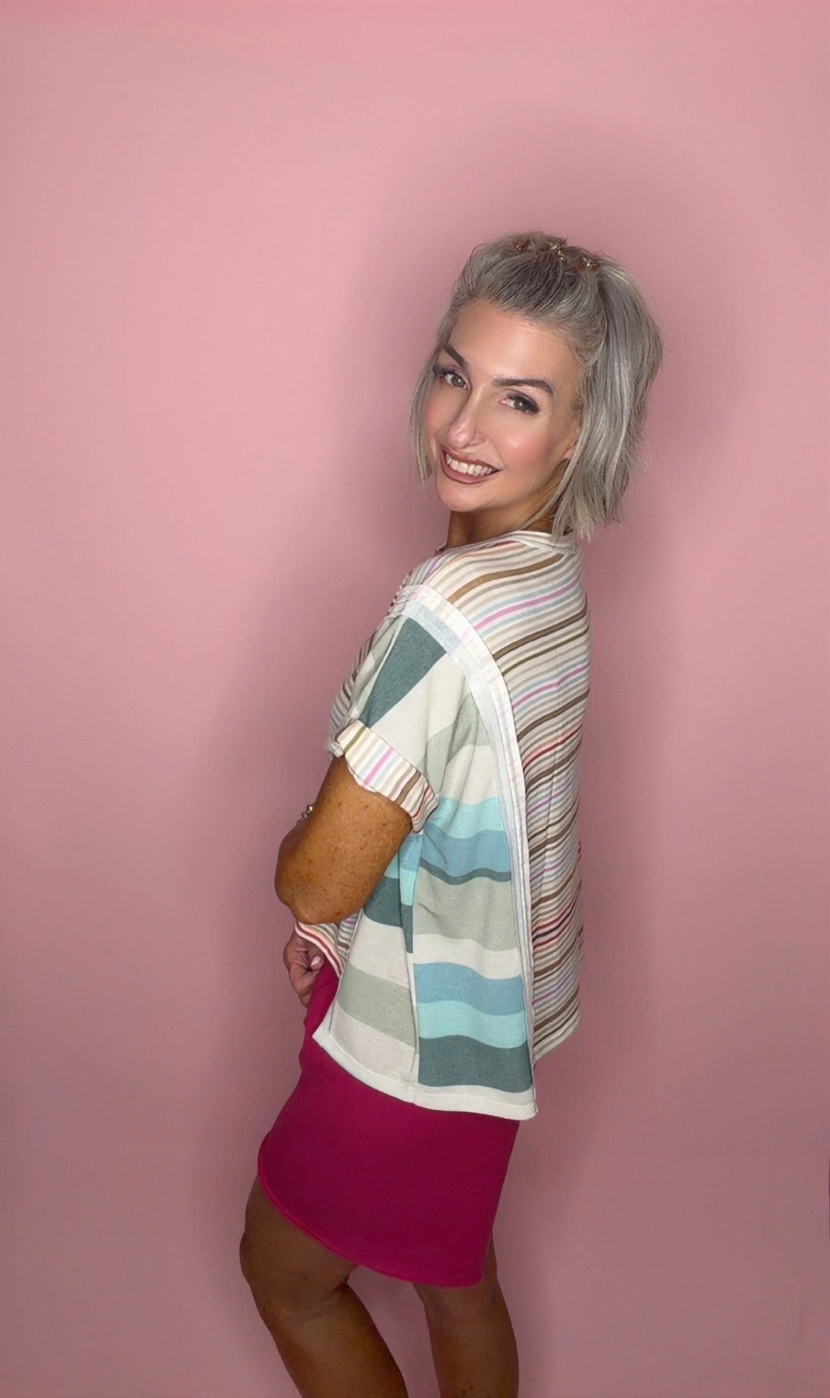 French Terry Mixed Stripe Knit Top