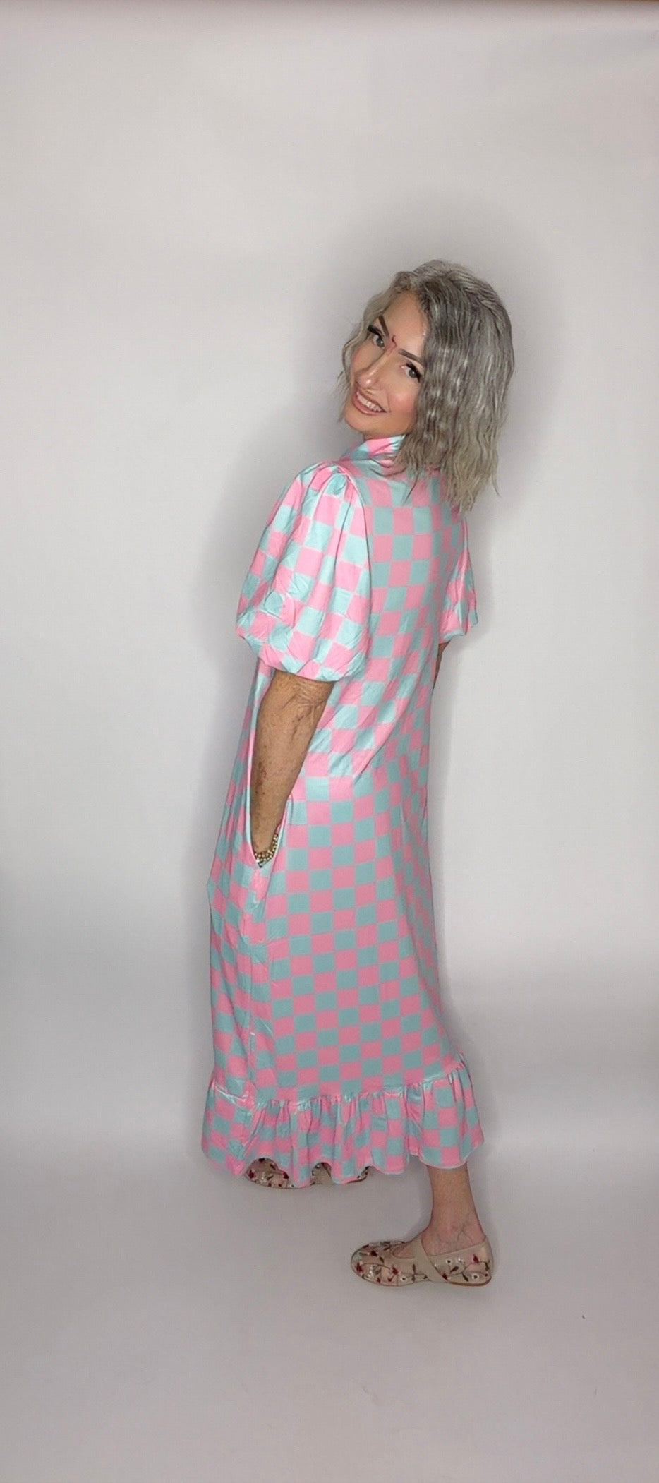 Pink & Light Blue Checkered Midi Dress with Pockets