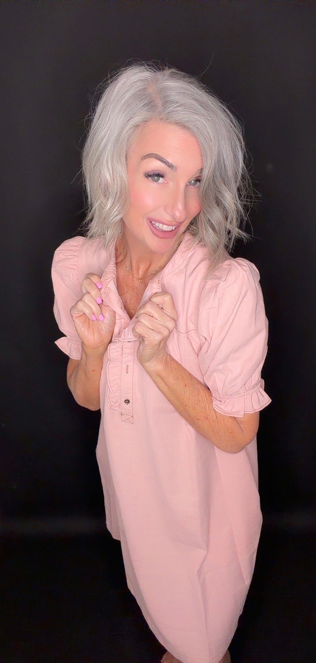 Ruffled Button Placket Accent 100%Cotton Knee Dress