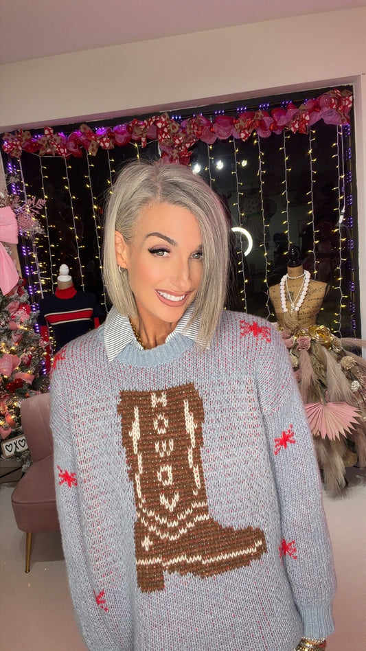 Western cowboy boots jacquard knit sweater