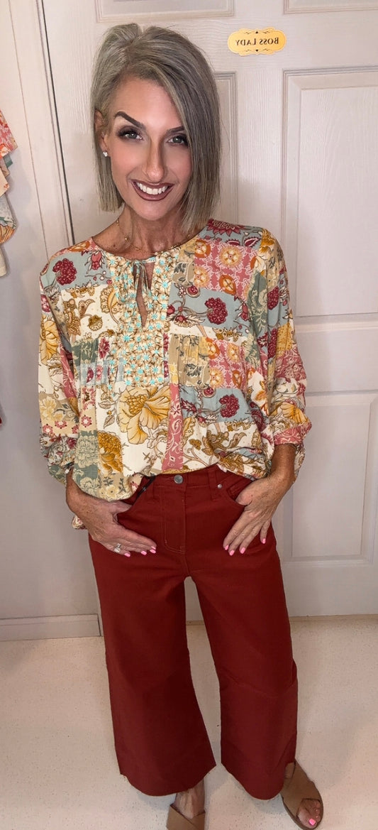 High Rise Flare Cropped Color Denim Pants