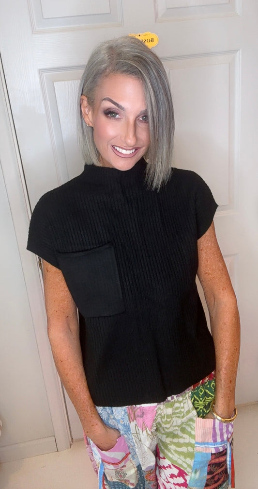 Ribbed Short Sleeve Pocketed Sweater