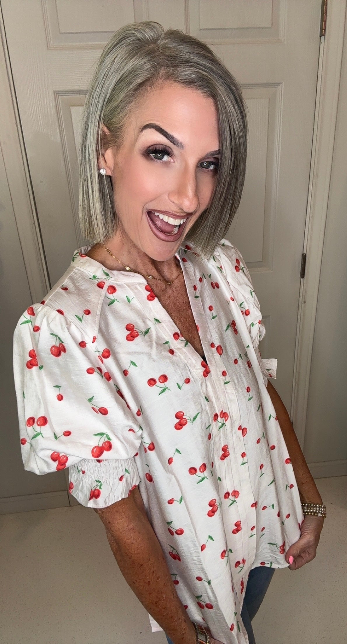 Cherry Printed V-Neck Woven Blouse Top