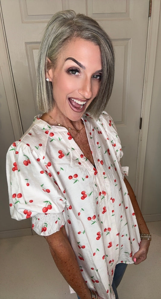 Cherry Printed V-Neck Woven Blouse Top
