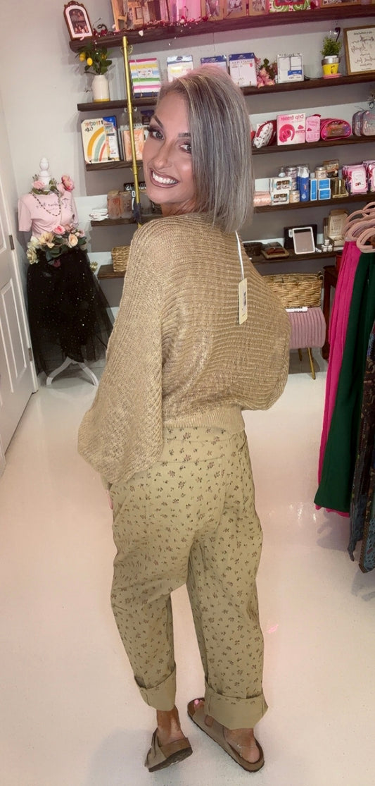 DITSY FLOWER COTTON TWILL BARREL LEG PANTS