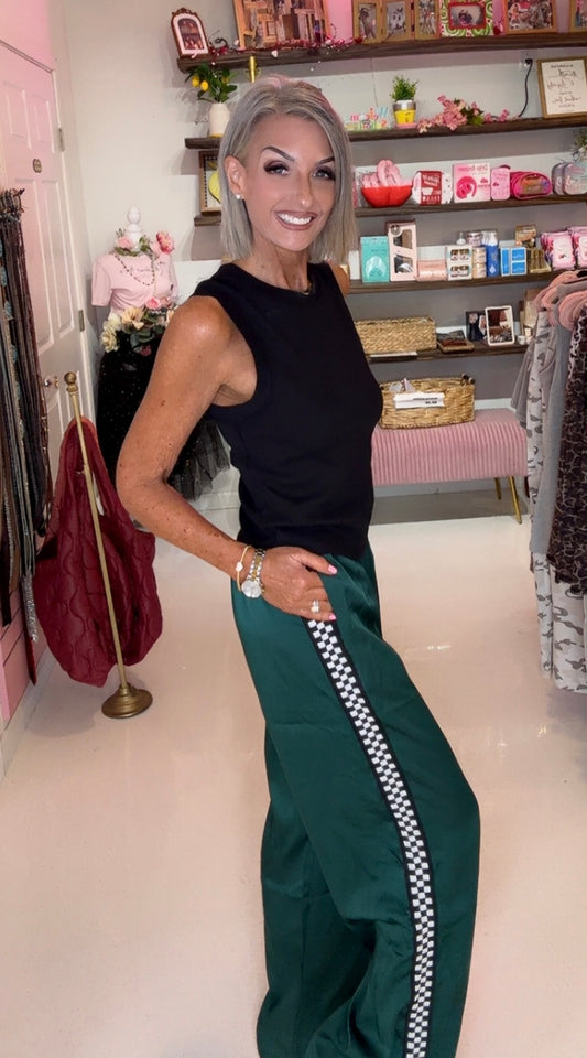SOLID SATIN SWEATPANTS WITH SIDE CHECKERBOARD TAPE