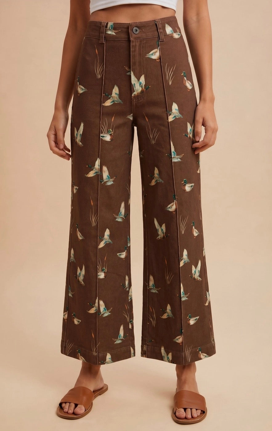 Mallard Printed Stretch Denim Wide Leg Jeans