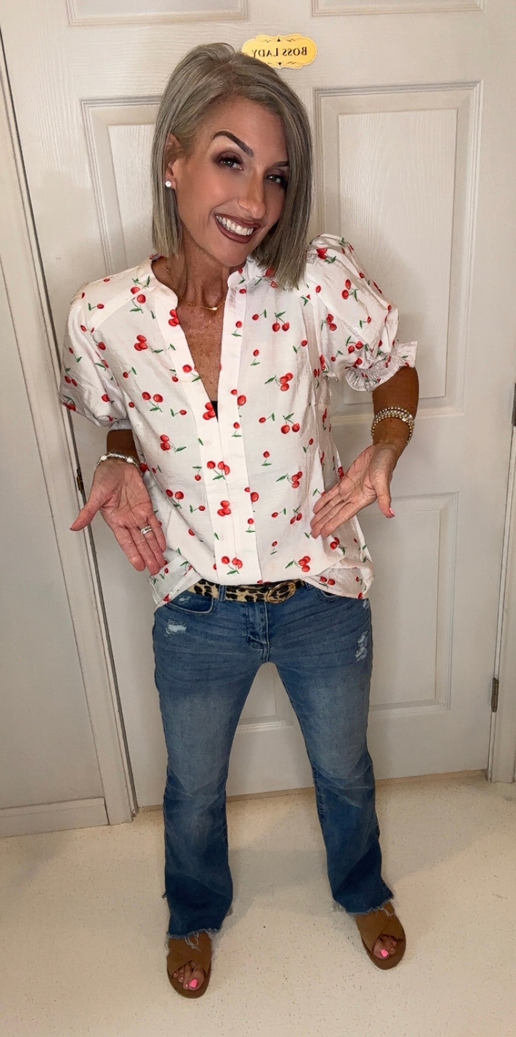 Cherry Printed V-Neck Woven Blouse Top