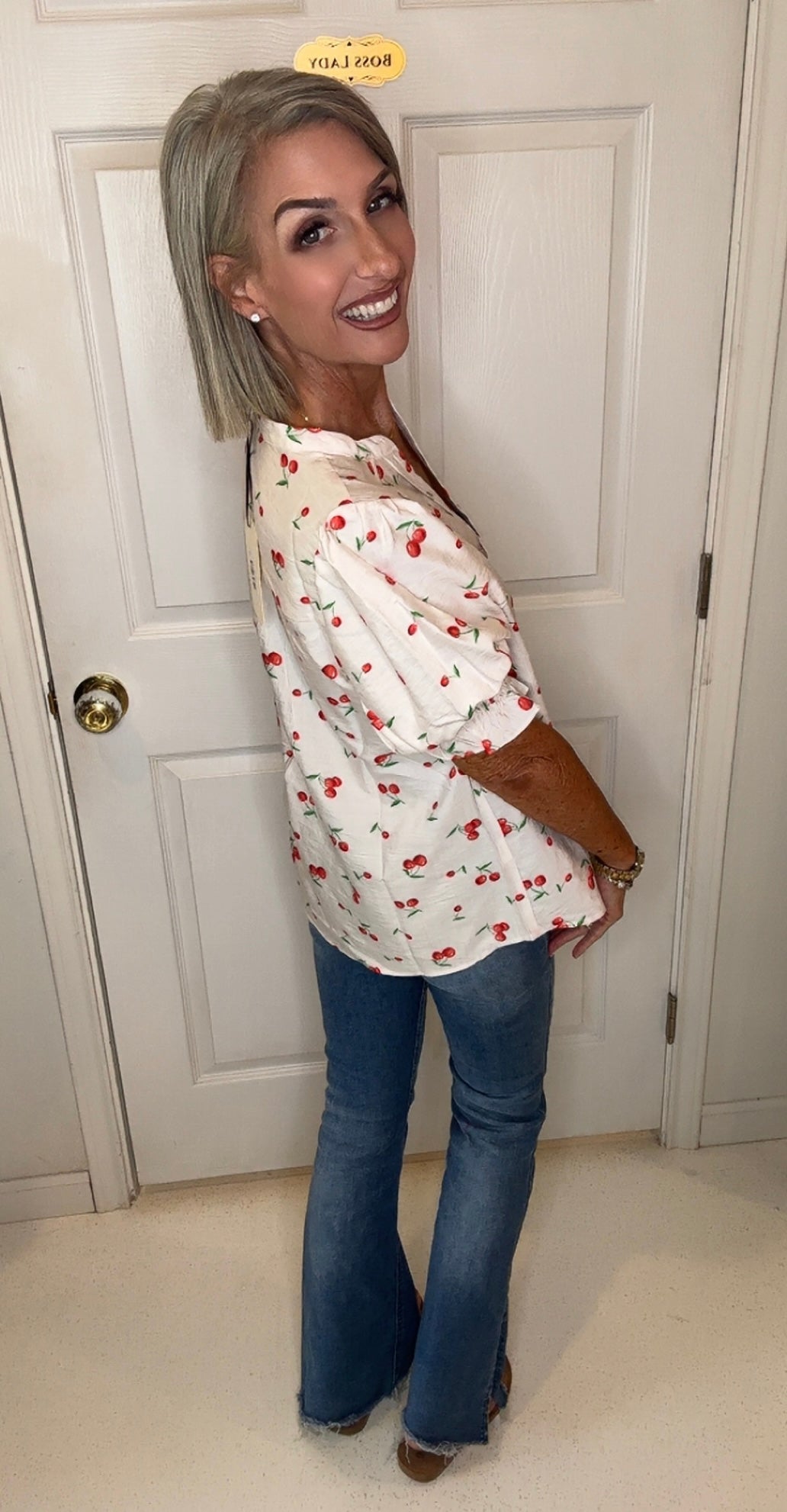 Cherry Printed V-Neck Woven Blouse Top