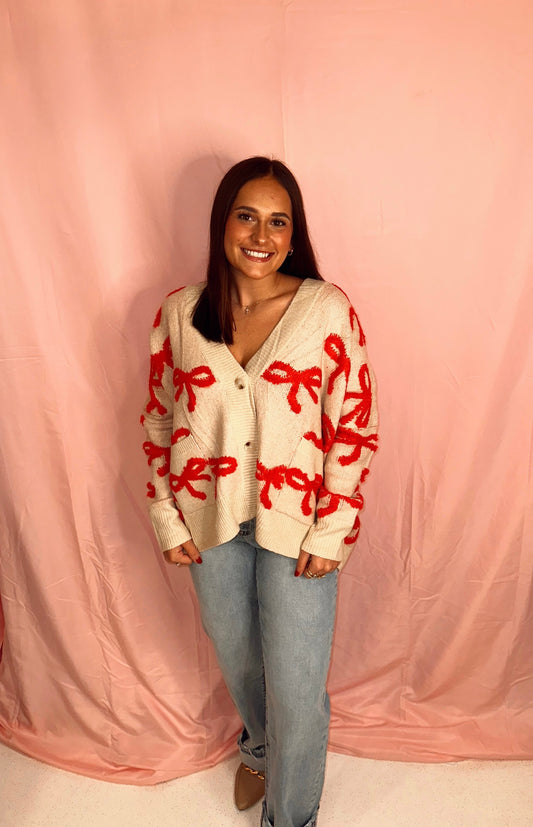 Tan & Red Bow Cardigan