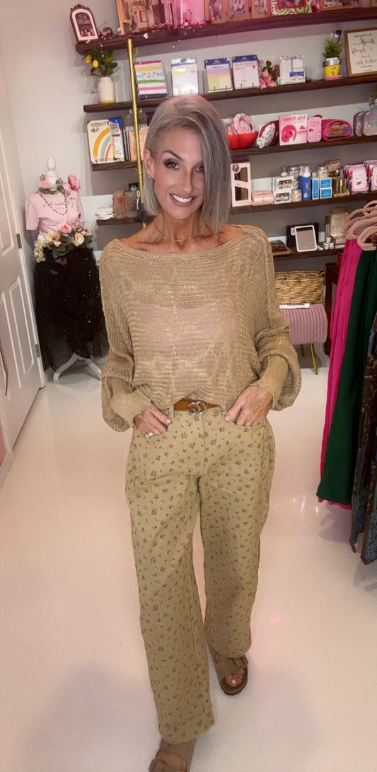 DITSY FLOWER COTTON TWILL BARREL LEG PANTS