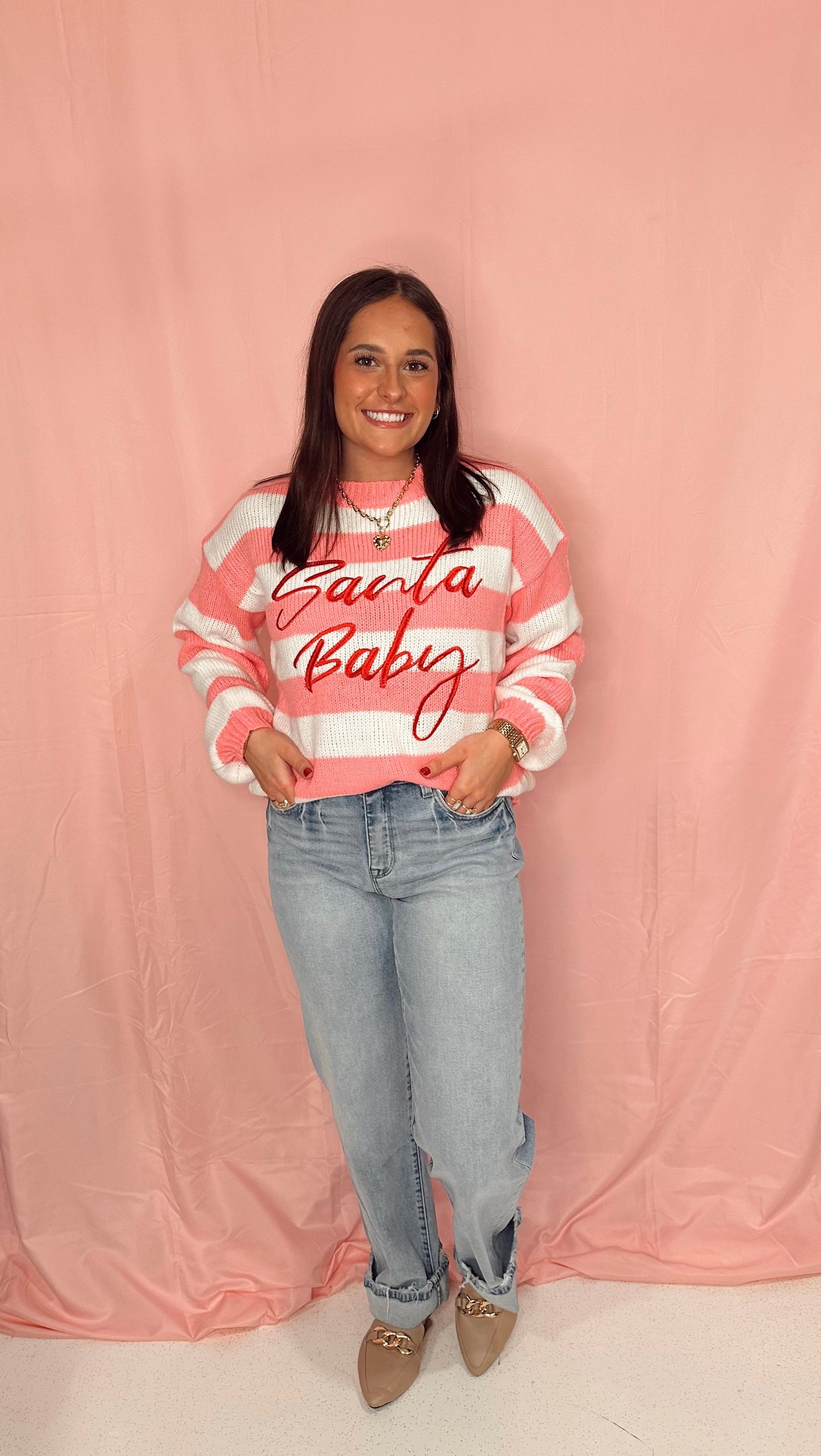 Santa Baby Pink Stripe Knit Sweater Festive Holiday Pullover