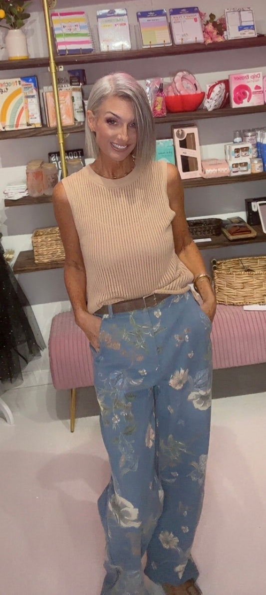 FLORAL PRINTED DENIM PANTS