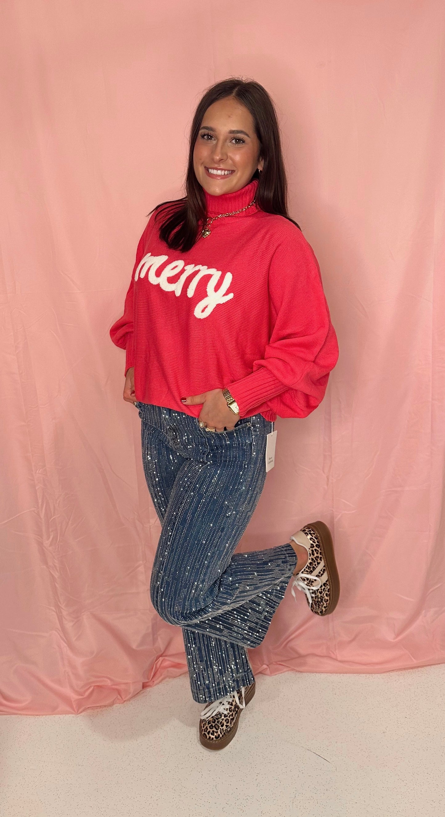 Slouchy Cozy Merry Christmas Turtleneck Sweater