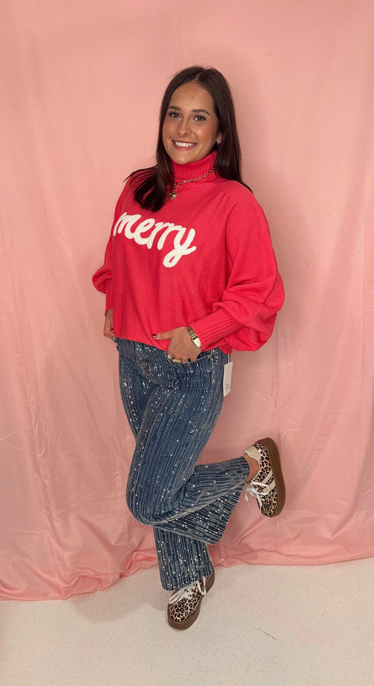 Slouchy Cozy Merry Christmas Turtleneck Sweater