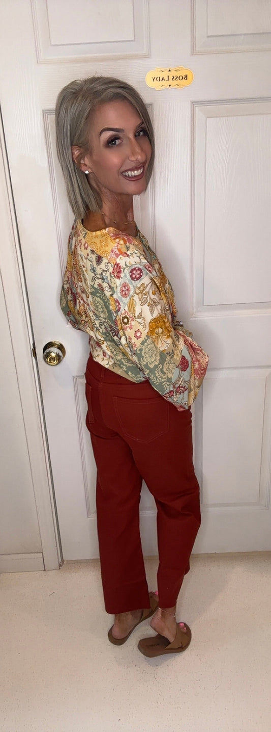 High Rise Flare Cropped Color Denim Pants