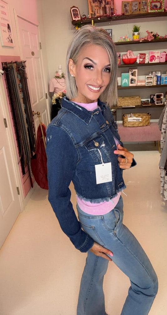 Dark Wash - Raw Hem Cropped Denim Jacket