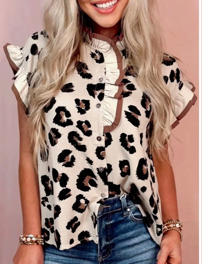 Khaki Leopard Printed Ruffle Sleeve Summer Blouse