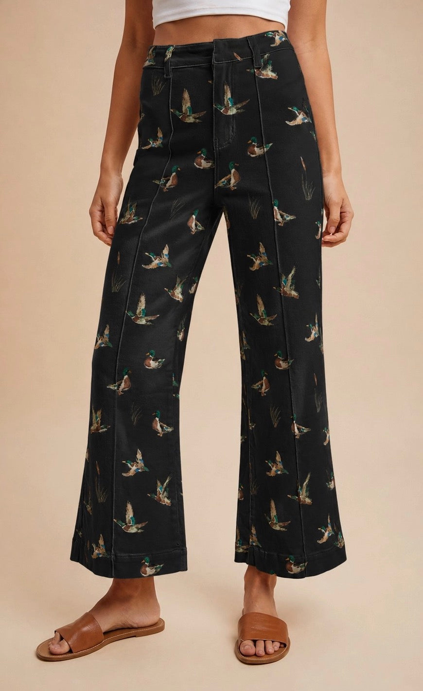 Mallard Printed Stretch Denim Wide Leg Jeans